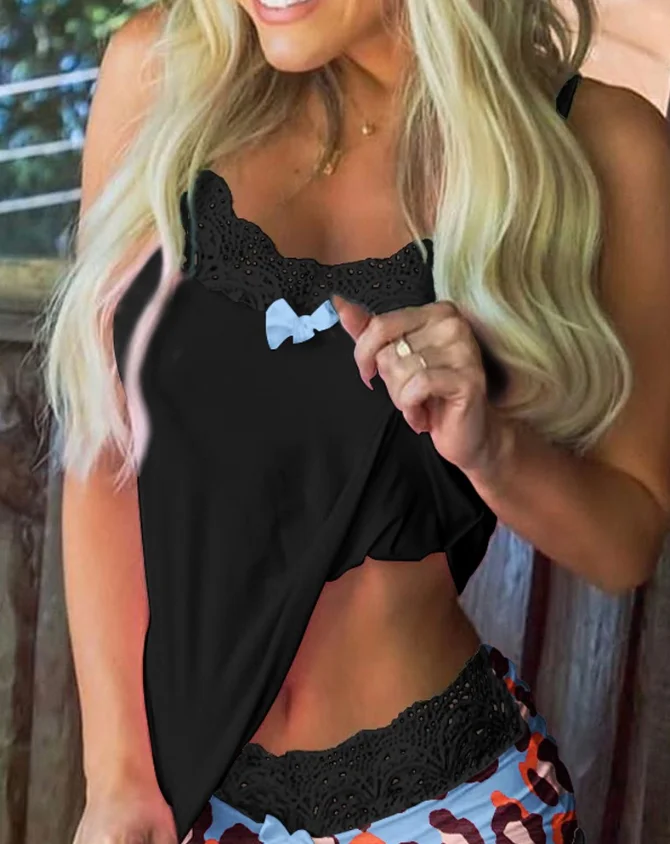

Leopard Print Colorblock Lace Trim Cami Set