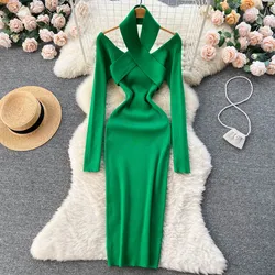 Chic Sexy Criss-cross Halter Elegant Pencil Dress Fashion Slim Knit Long Sleeve Birthday Party Vestidos Women Autumn Winter Robe