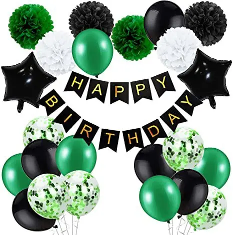 

Green and Black Party Decor,Happy Birthday Banner,Paper Flower,Confetti Latex Balloon