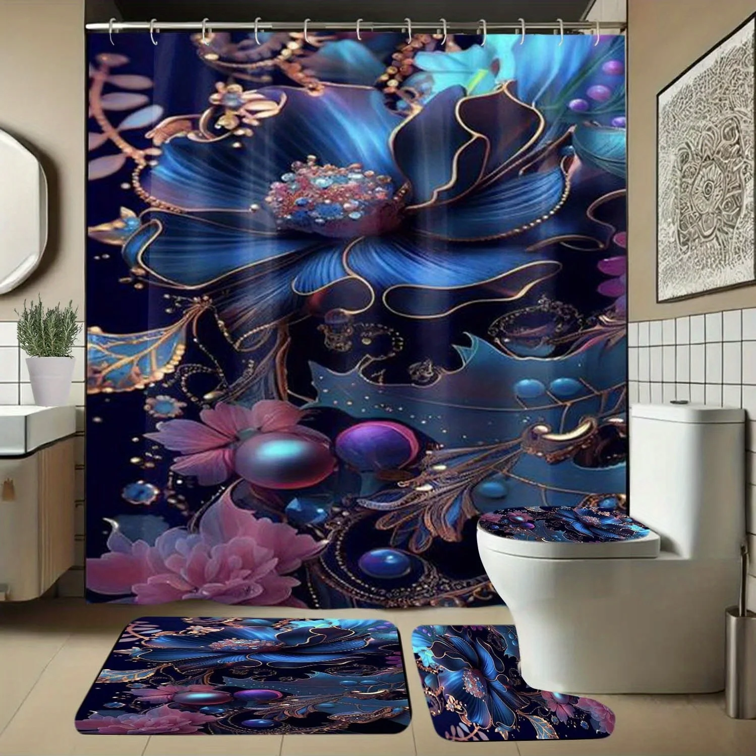 

4pcs Blue Floral & Beaded Shower Curtain Set with Hooks - Elegant Bathroom Decor, Machine Washable Polyester, All-Season