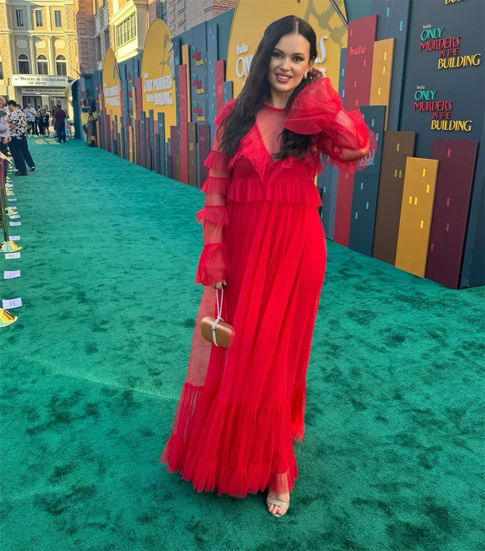 Customized Evening Dress Classic Red Chiffon O-Neck Long Sleeves Prom Gowns Elegant Straight Floor Length Ruched Party Dresses