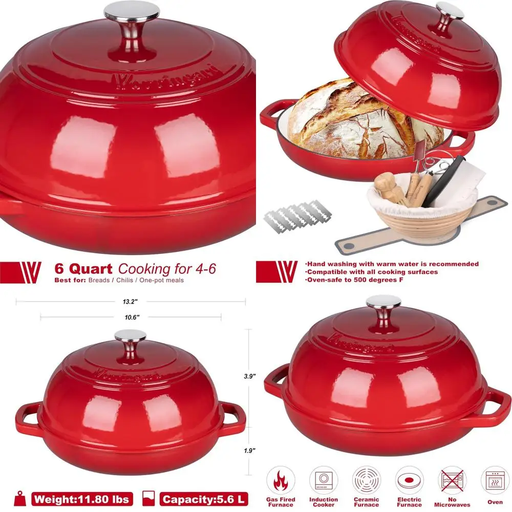 

Красная 6-квартная эмалированная чугунная голландская духовка с крышкой для выпечки хлеба и набора корзин для расстойки