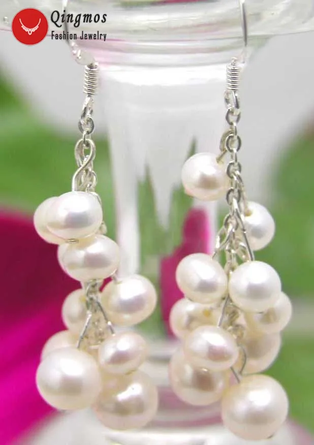 

Qingmos 5-6mm Round Natural White Pearl Earring for Women Grape Dangle Earring Silver 925 Hook 2 inch Fine Jewelry ear111