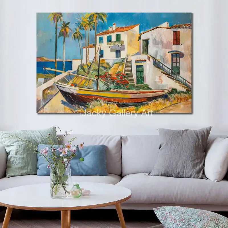 Landscape Canvas Art Oil Painting Handmade Mediterranean Coastal Abstract Artwork Seascape Kitchen Bathroom Modern Decor