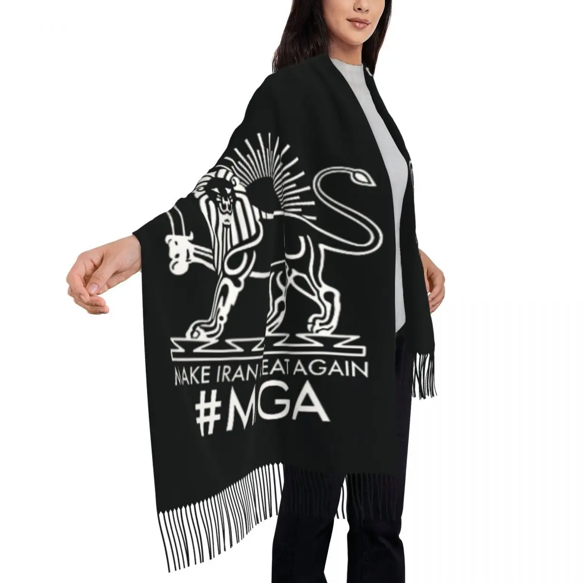 

Make Iran Great Again Persian Lion And Sun Shiro Khorshid Scarf Female Headwear Scarves with Long Tassel Shawl Wrap Bandana