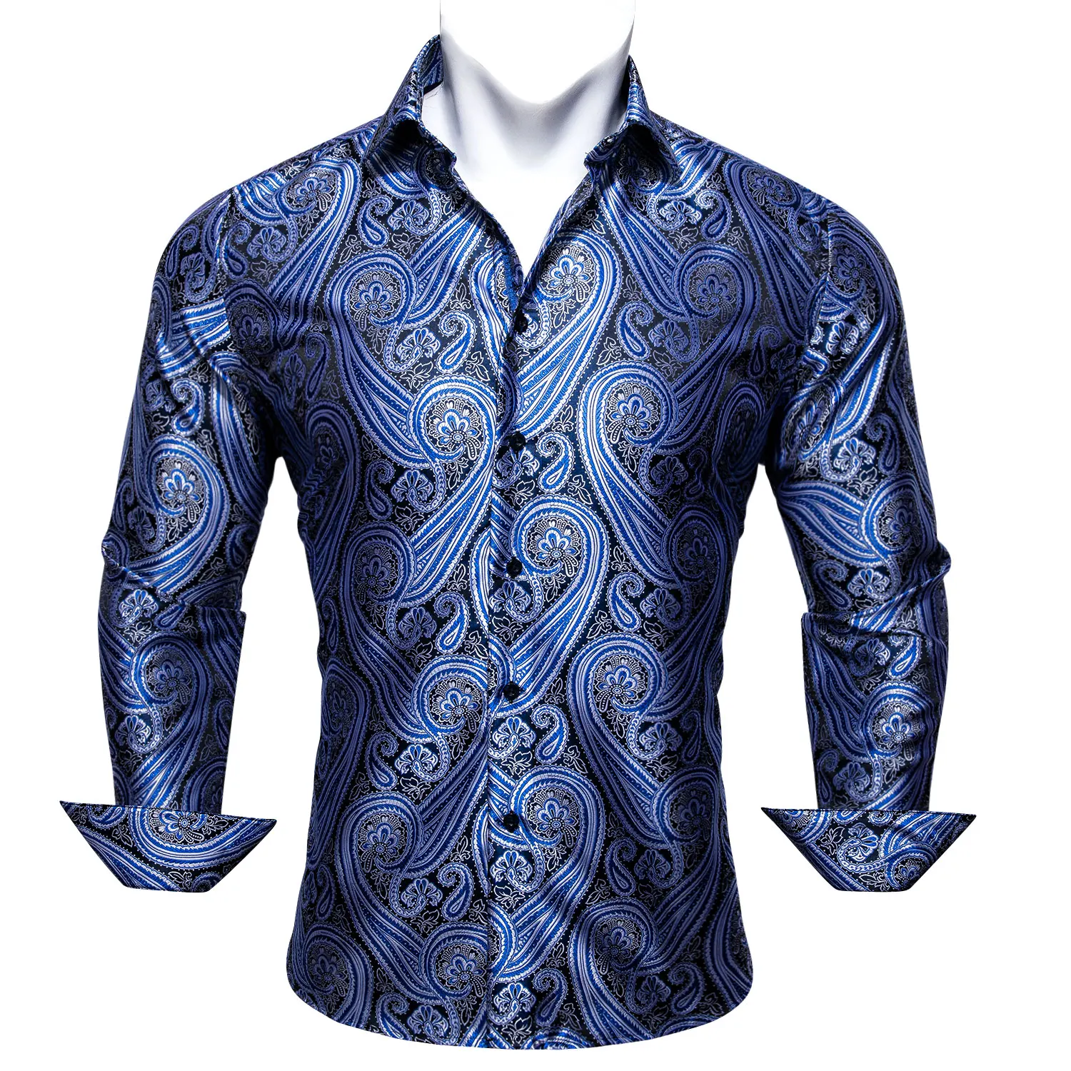 Barry.Wang Exquisite Blue Silk Paisley Men Shirt Four Seasons Lapel Long Sleeve Embroidered Leisure Fit Party Wedding CY-0413