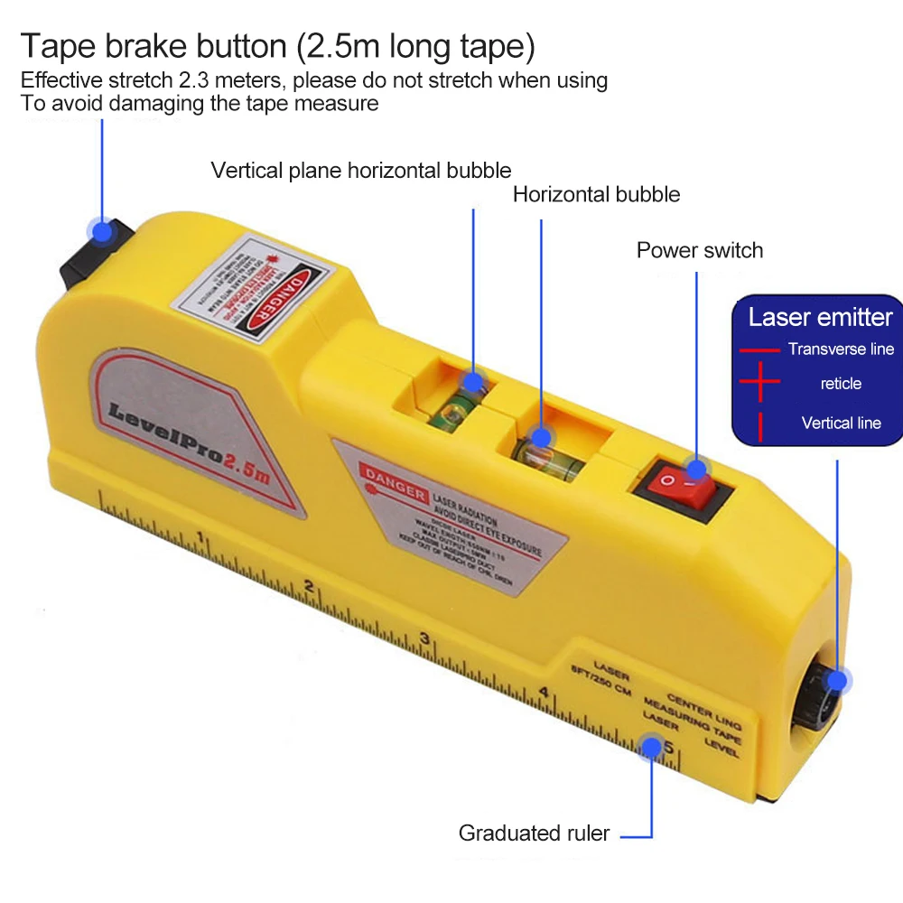 Infrared Laser Level Precision Top Reading Tape Measure Metric Ruler Measuring Tape with Laser Line Bubble Vials Ruler Base