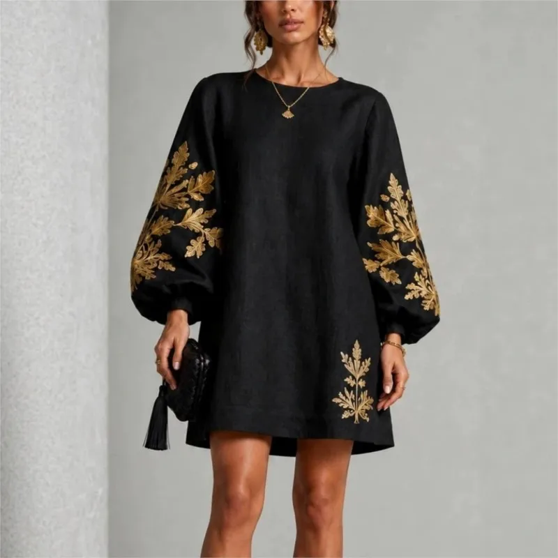 Herbstliches, elegantes Minikleid für Damen mit goldenem Blattmuster, langen Ärmeln, Rundhalsausschnitt, lockerem, geradem Schnitt, im Vintage-Stil, für Freizeit und Partys.