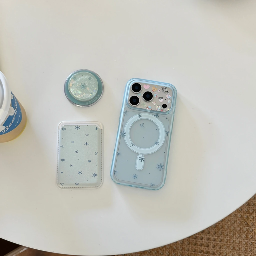 

Зимний романтический чехол со снежинкой и бантом с держателем для карт, магнитный противоударный чехол для телефона для iPhone 17, 16, 15, 14 Pro Max