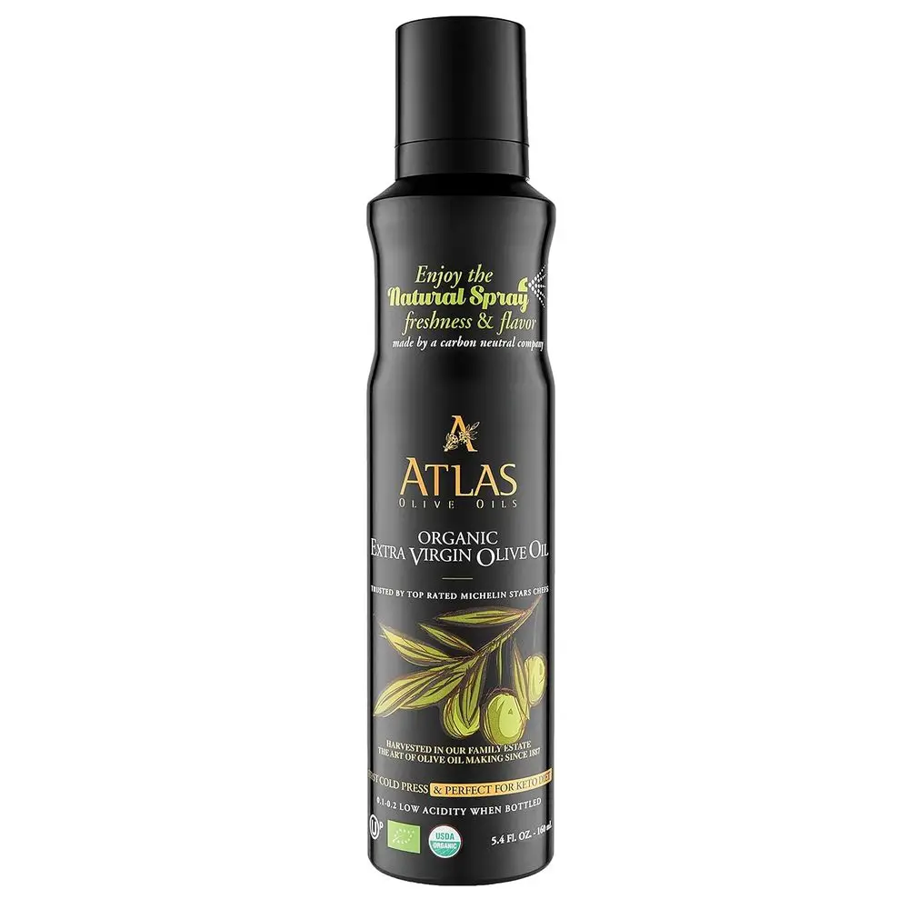 Aceite de Oliva Virgen Extra Orgánico Marroquí en Aerosol, 5.4 oz, Antiadherente, Prensado en Frío, Rico en Polifenoles e Hidroxitrosol, Apto para