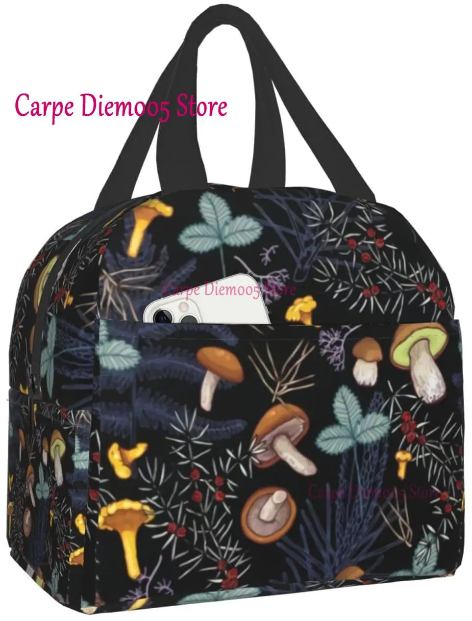 Cute Mushroom Print Thermal Food Picnic Lunch Bags For Women Portable Lunch Box Insulated Canvas Lunch Bag Kids Lunch Box Tote