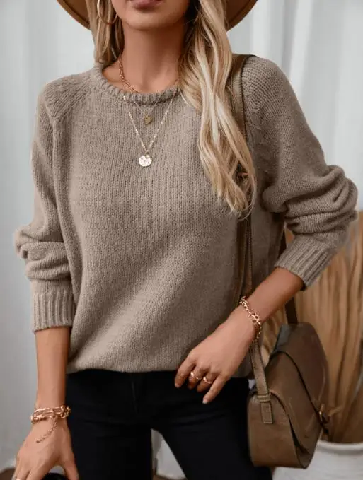 

Drizzle Pure Color Cuffed Pullover Women's Sweater Autumn and Winter Loose Round Neck Casual Fashion Knitted Shirt