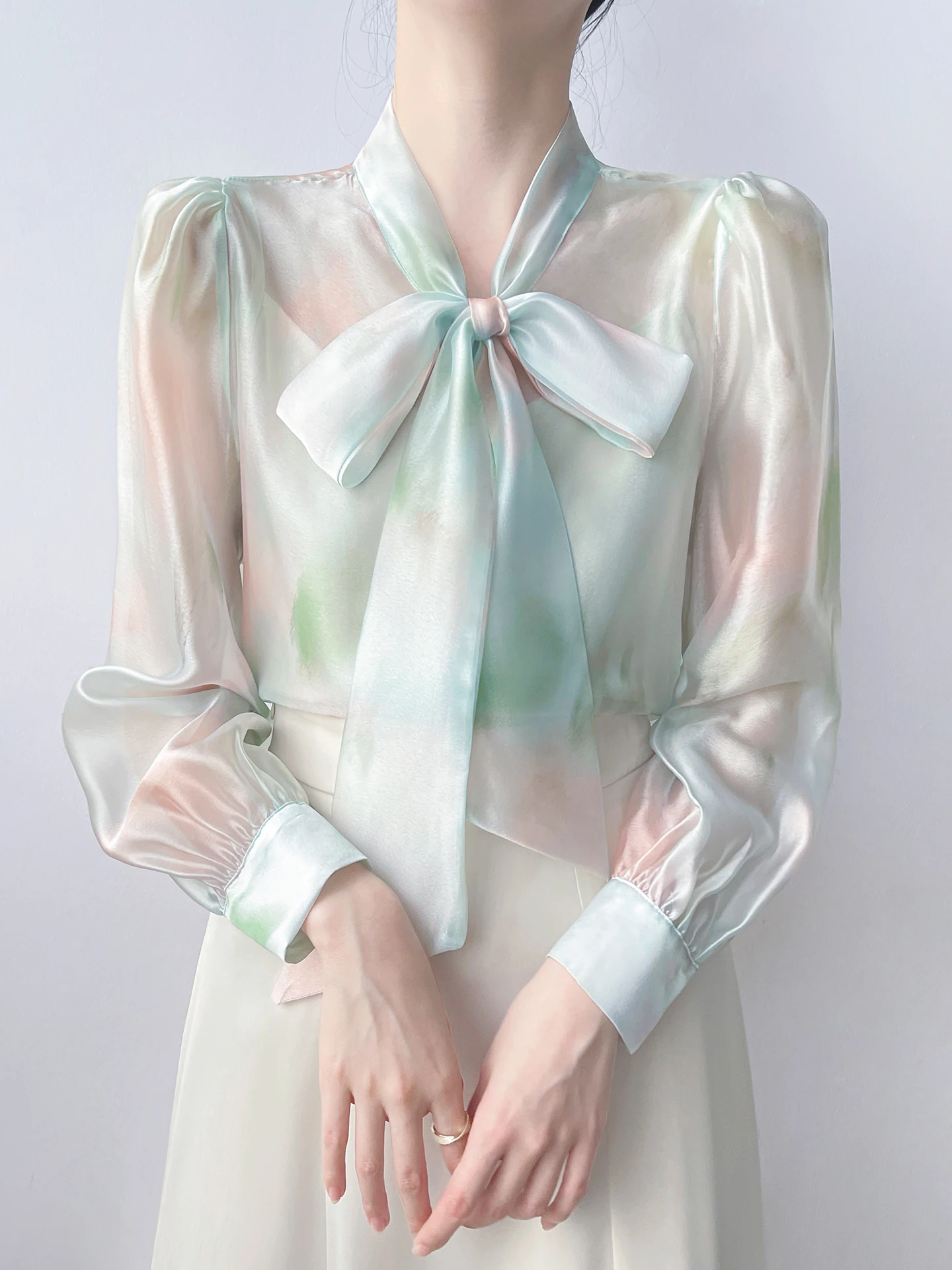 

Romantic Sle Women's Long Sve irt with Sa Print Chiffon Top And Strap Two Piece Set Gentle Wind Knot Design