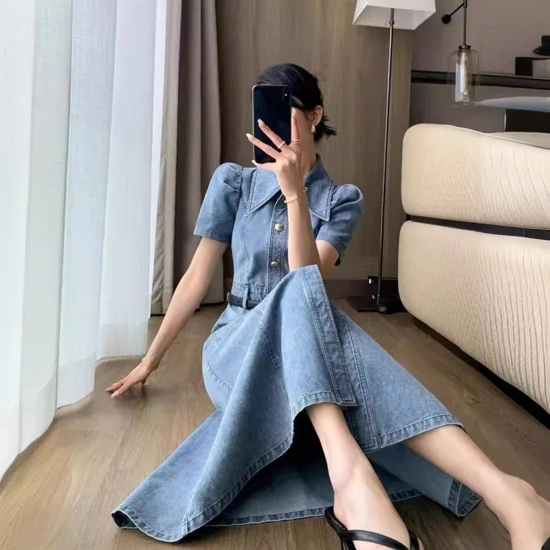 블루 빈티지 데님 드레스 여성 2025 봄 여름 새로운 패션 버튼 미디 진 셔츠 드레스 a 라인 긴 베스 티드