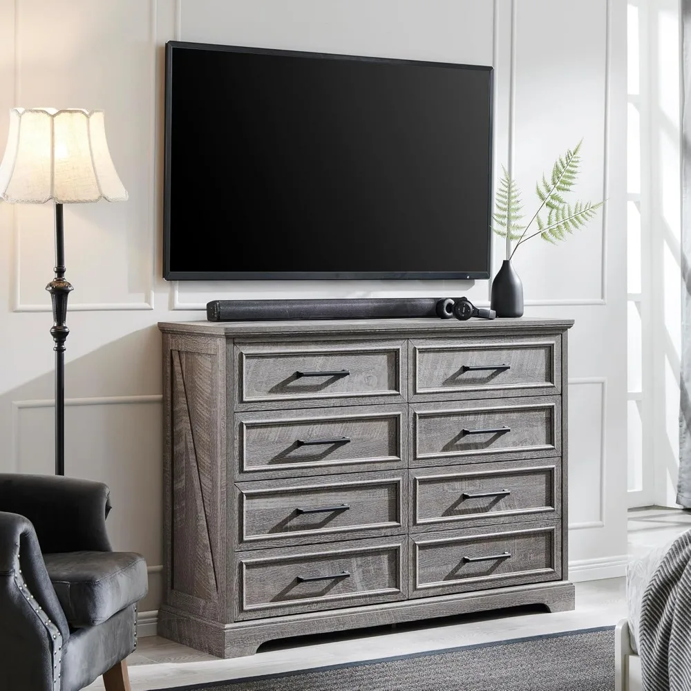 خزانة خشبية ريفية بعرض 52 بوصة على طراز المزرعة ذات 8 أدراج مع نسيج طبيعي ومقابض معدنية لتخزين غرفة النوم