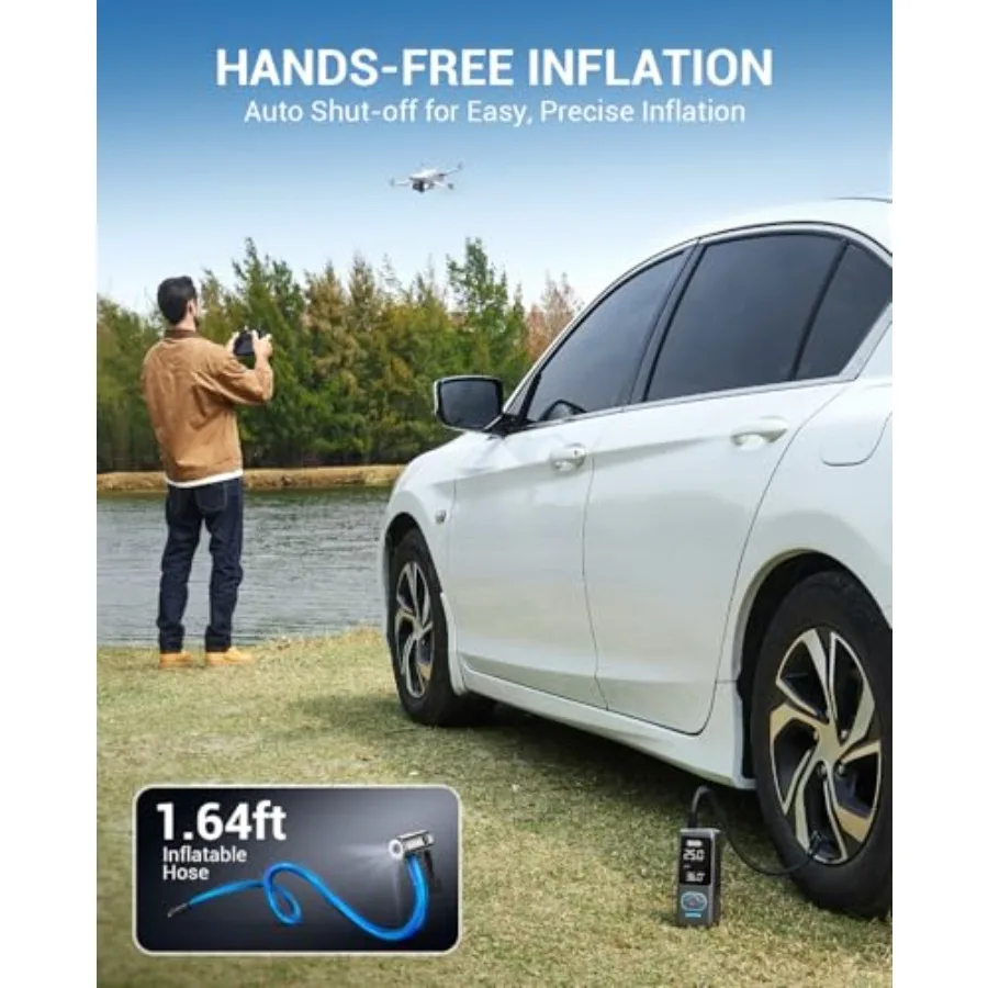 منفاخ إطارات محمول مع ضاغط هواء لاسلكي 150 رطل لكل بوصة مربعة ومقياس ضغط مدمج لتضخم إطارات السيارة في حالات الطوارئ