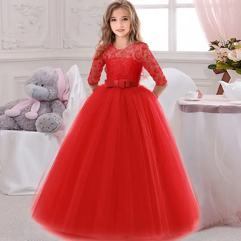 Teen Girl Elegant Princess Lace Wedding Dress Bridesmaid Kids Flower Dresses For Girls Vintage Children Christmas Party Red Gown