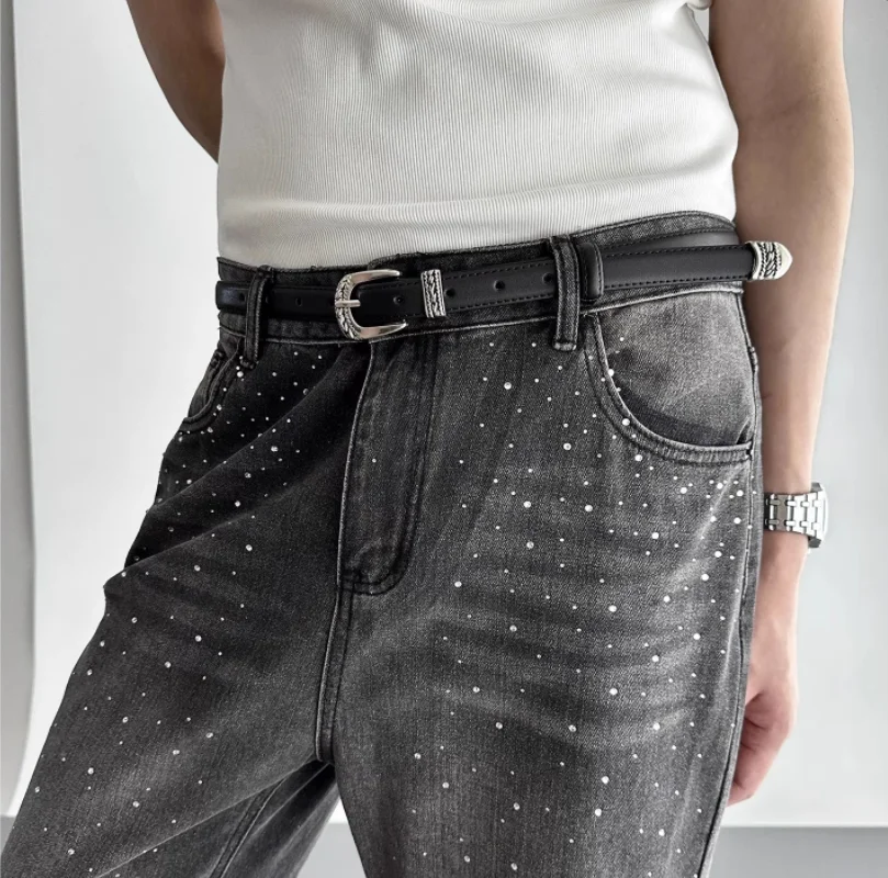 ผู้ชายผู้หญิง Vintage Silver Buckle ของแท้หนังรัดตัวหญิง Cummerbund Coat เข็มขัดชุด Decration เข็มขัดแคบ J1517