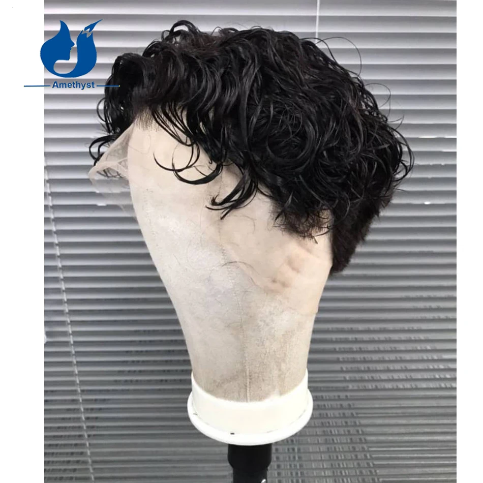 جمشت الرجال شعر مستعار مجعد قصير عابث قطع الشعر البشري قبل قطعها الطبيعية الأسود ريمي كامل الدنتلة حلاقة في الخلف والجانب #3