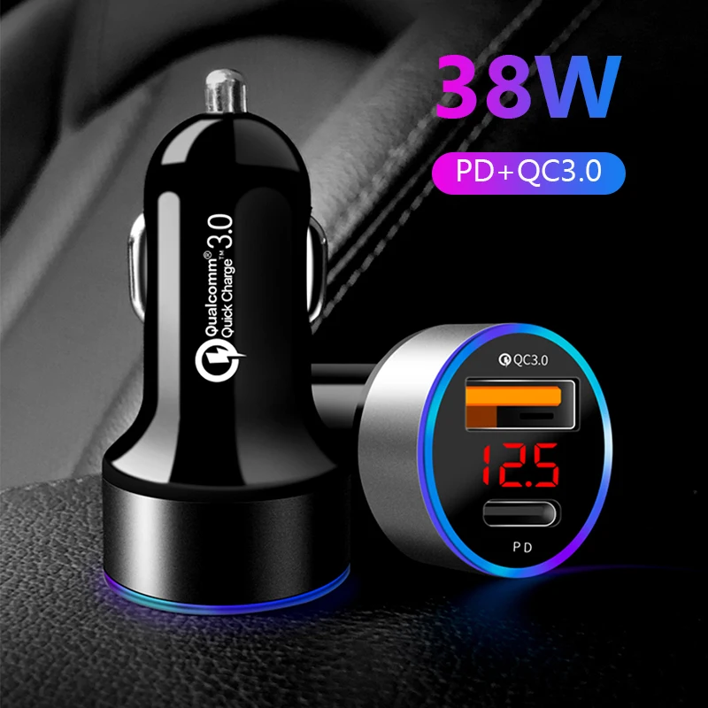 Car Charger PD+USB QC3.0 38W Quick Charging Phone Charger 12-24V Cigarette Lighter Adapter with Led Voltmeter Display
