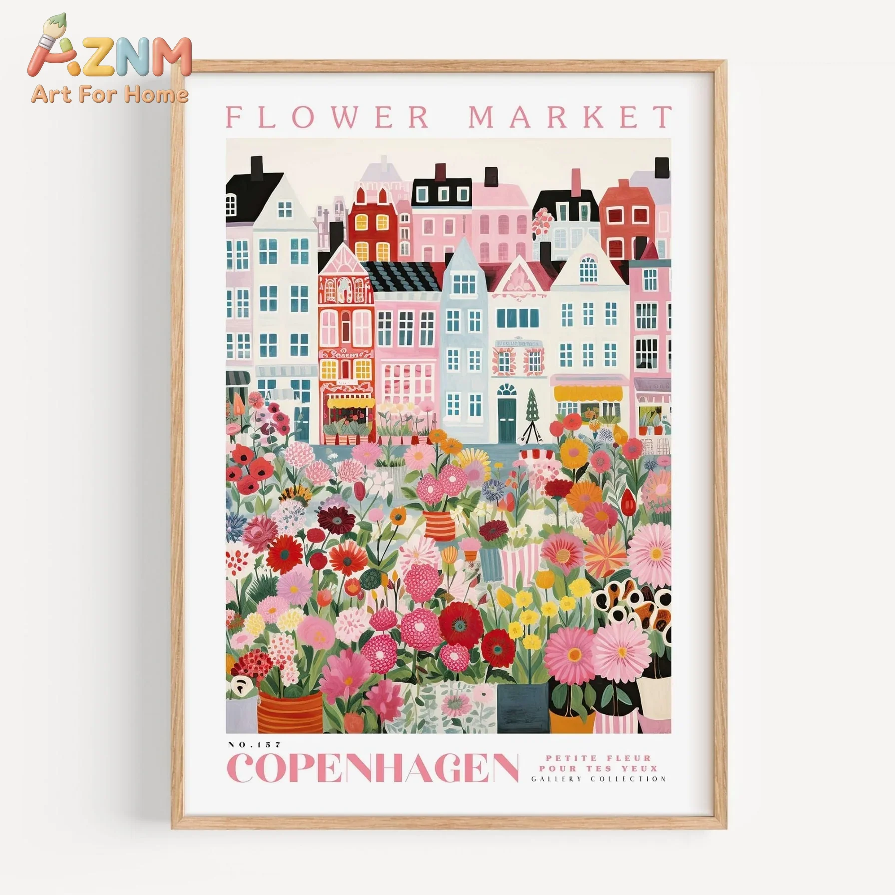 AZNM Copenhagen Flower Market Canvas Wall Art Colorful Nordic City Buildings Vibrant Floral Travel Gallery Aesthetic Unframed Ho