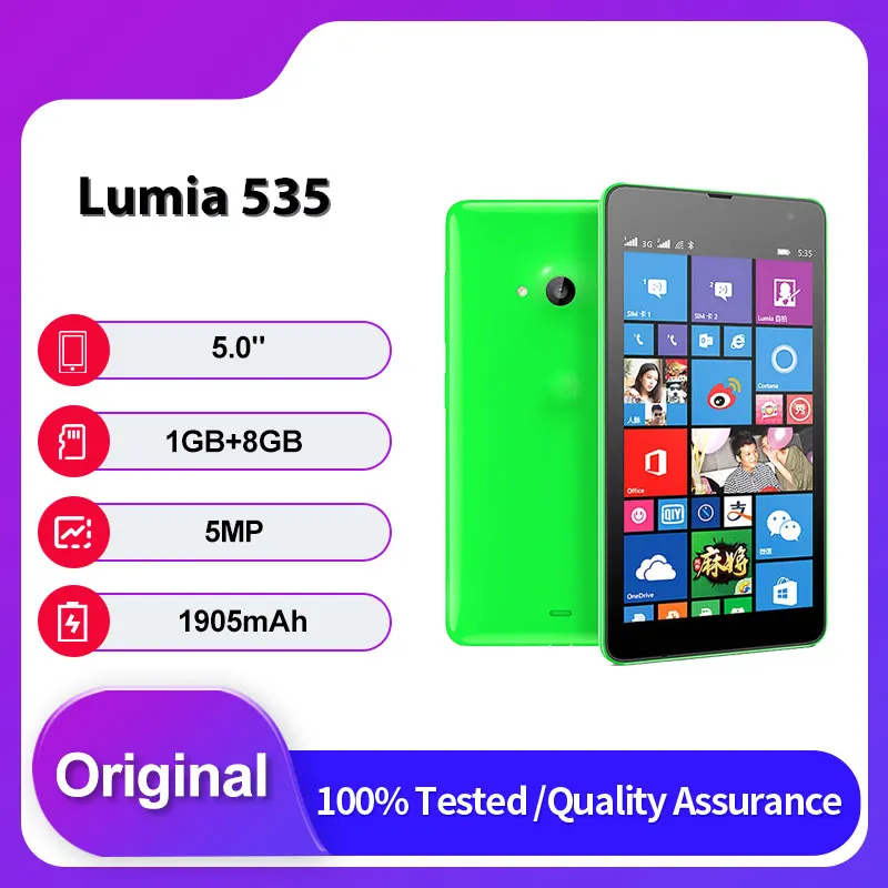 هاتف محمول أصلي غير مقفول Lumia 535 بشريحتين GSM 900/1800 مزود بتقنية البلوتوث لغات عربية روسية عبرية مصنوعة في فنلندا