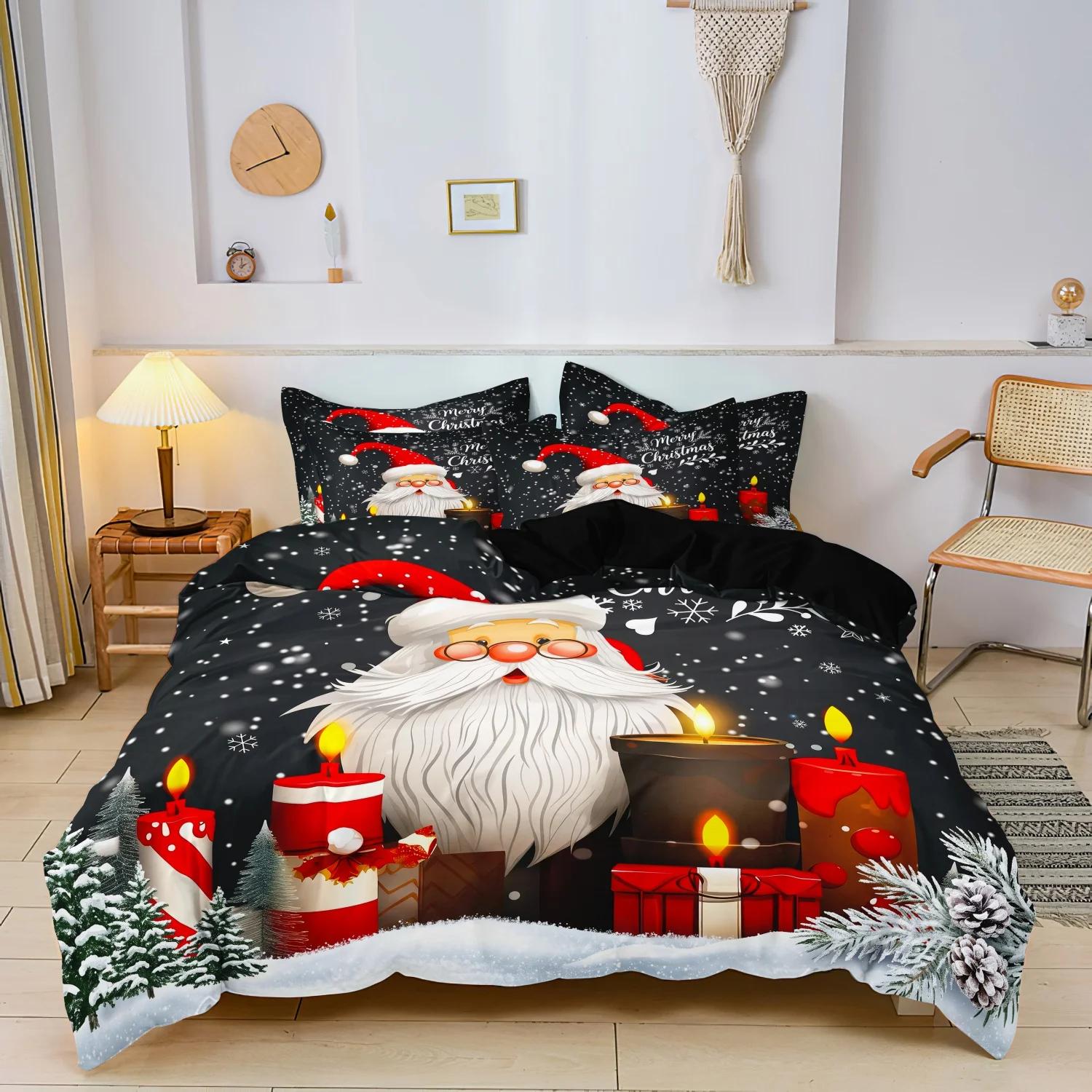 3Pcs Santa Christmas Duvet Cover Set, Santa Candle Gift and Snowflake Pattern Bedding, Warm Christmas Bedroom Decoration