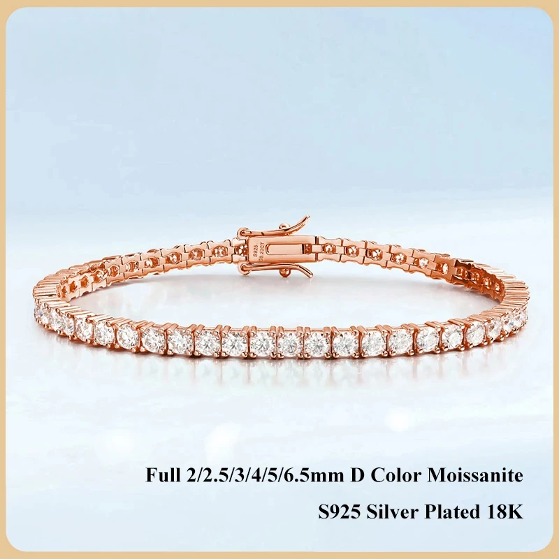 

TUES Real D Color Moissanite Tennis Bracelet 2/2.5/3/4/5/6.mm S925 18K Rose Gold Plated Women's Diamond Link Bracelet Gift