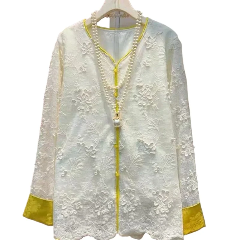 

Chinese Style Women's Shirt V-neck Contrasting Jacquard Lace Shirt 2026 Spring and Autumn Small Shirt Top