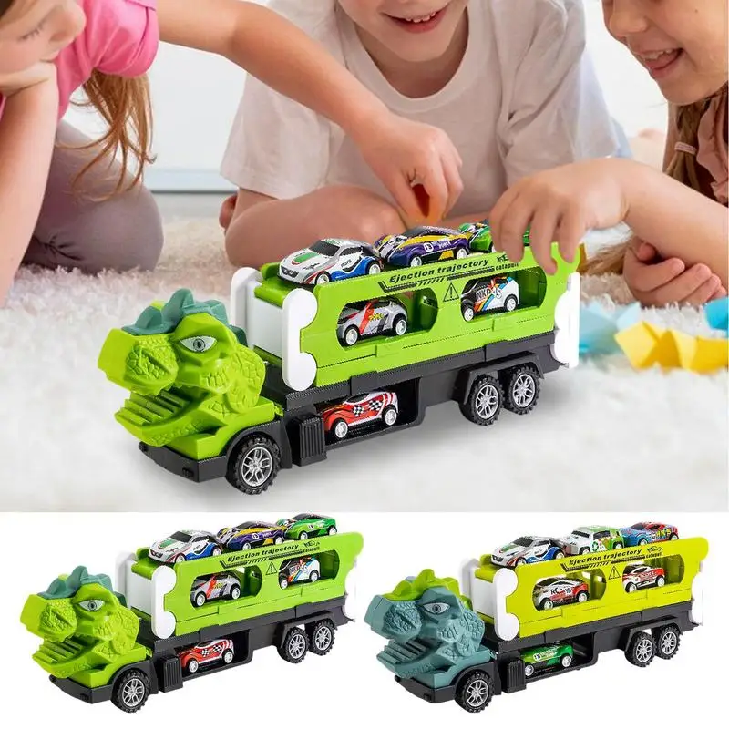 Dinosaur Transport Truck Animal Transport Vehicles Dinosaur Toys Foldable Sliding Dinosaur Truck With 6 Car For Toddler Boy Toys