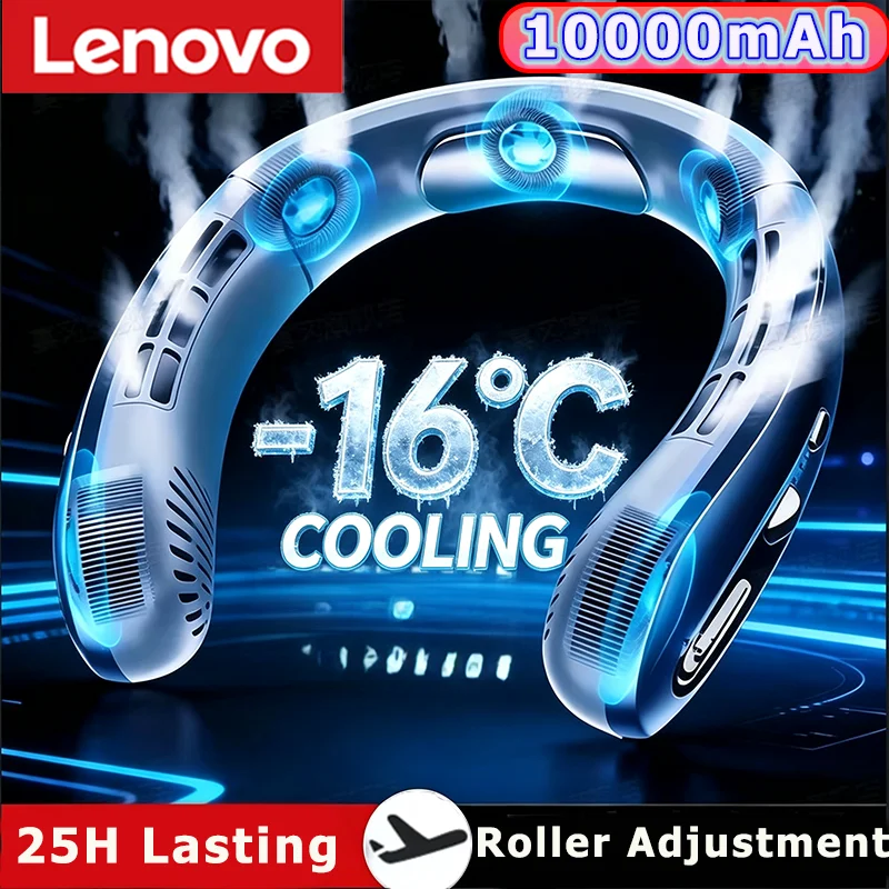 Lenovo 2027 10000mAh AirCooling USB wiederaufladbarer Halsventilator, tragbar, blattlos, geräuscharm, mit LED-Digitalanzeige, elektrischer Sportventilator