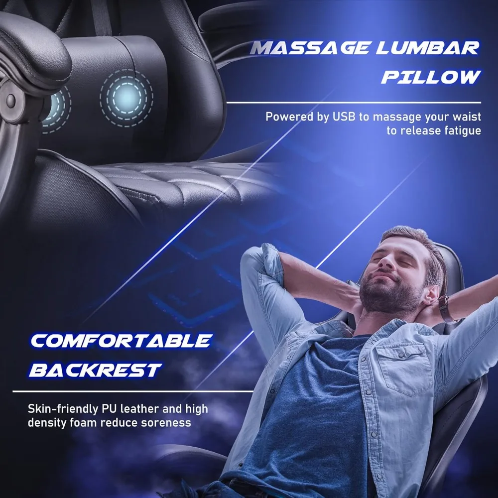 Игровое кресло, компьютерное кресло с подставкой для ног и массажной поясничной опорой, эргономичное игровое кресло с высокой спинкой и поворотным механизмом