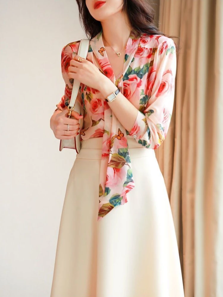 

Women Long Sleeve Spring 2026 New Arrival French Style Chiffon Blouse Loose Fit Bow Tie Top
