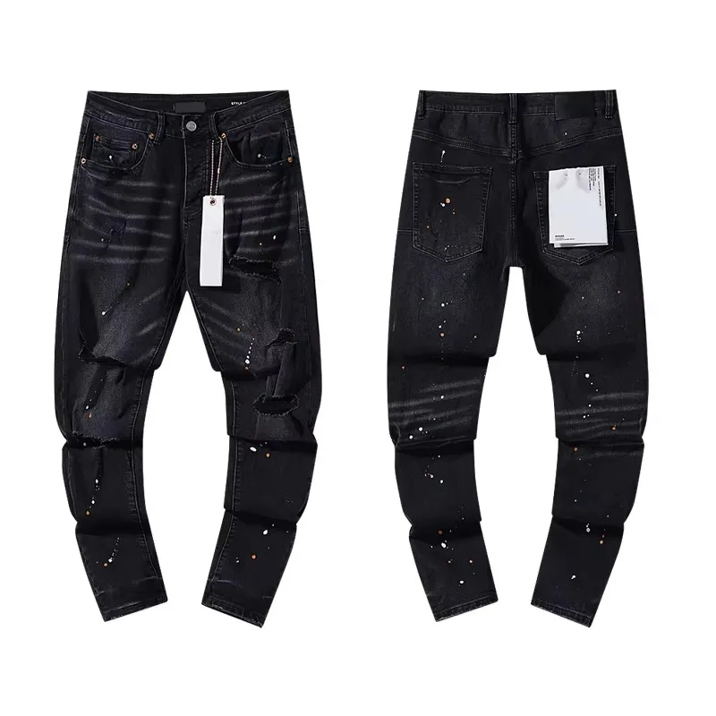 Classic Black Vintage Do Old Ripped Brand Jeans High Street Trend New Personality Splash-ink Printed Stretch Denim Trousers Men