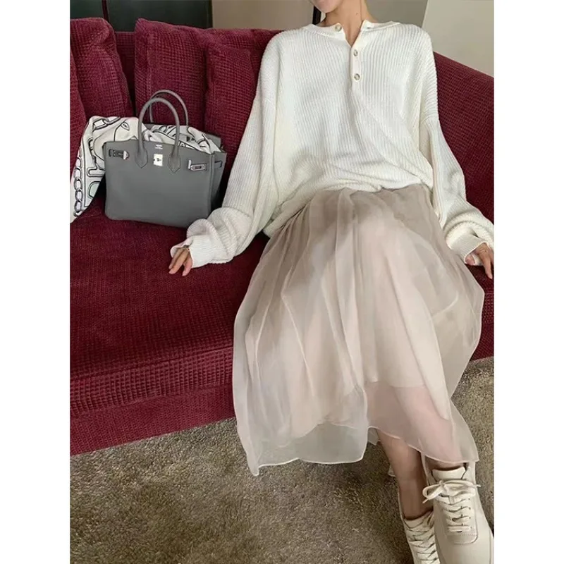 

Весенне-летняя двухслойная сетчатая юбка в сказочном стиле, расшитая бисером, юбка средней длины с цепочкой из бисера