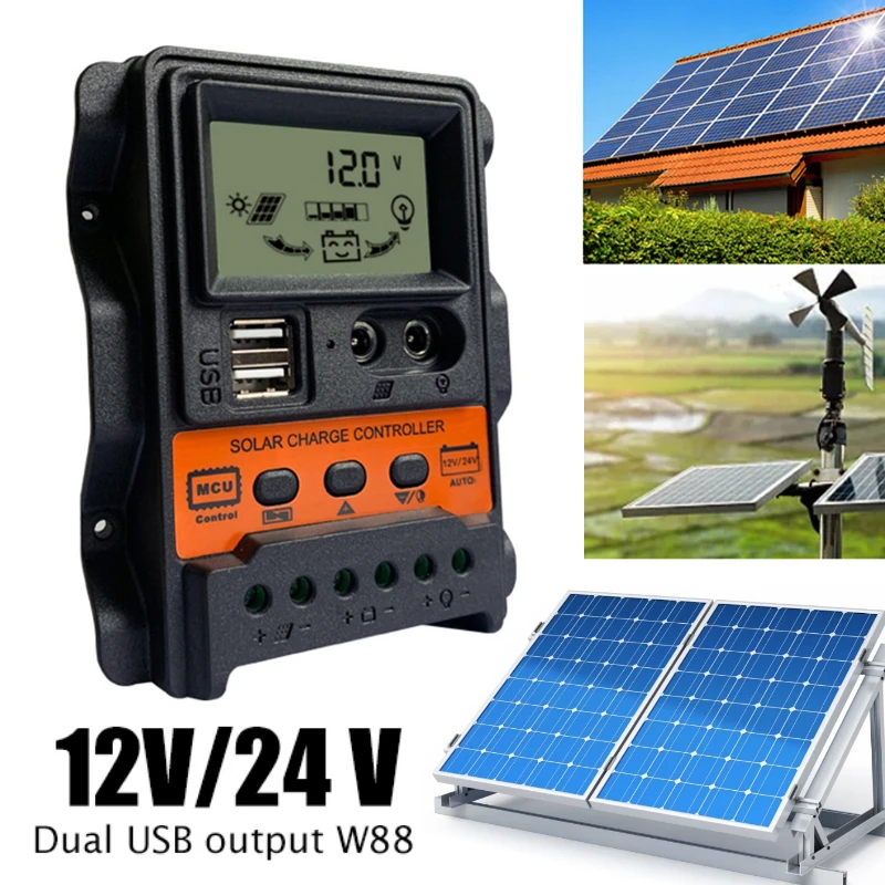 Solar Charge Controller 12/24V 10A-60A Solar Controller Solar Panel Battery charge Controller Regulator 2USB LCD