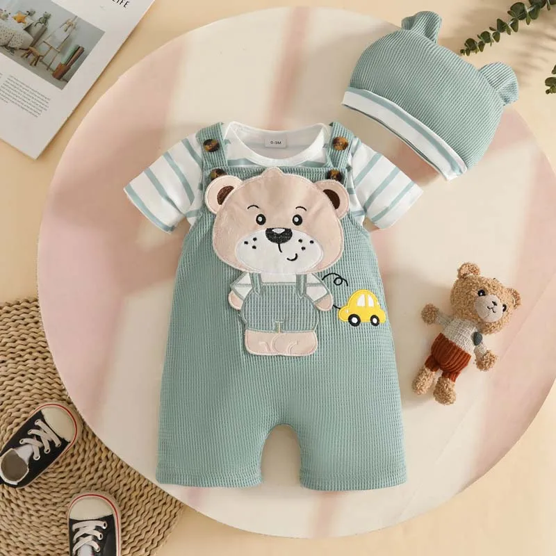 0-18 Months Baby Boy Clothing Sets Cute Summer Stripes Bodysuit+Cartoon Bear Suspender Trousers+Hat 3Piece Newborn Outfits
