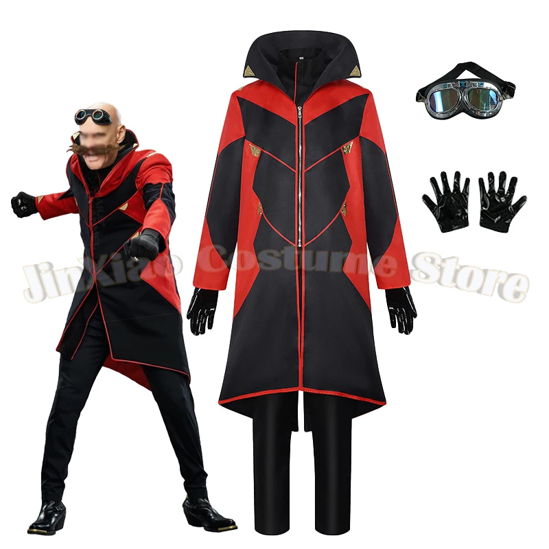 

Anime Dr Eggman Cosplay Costume Ivo Robotnik Men Red Black Long Trench Coat Pants Aviator Goggles Gloves Halloween Villain Suits