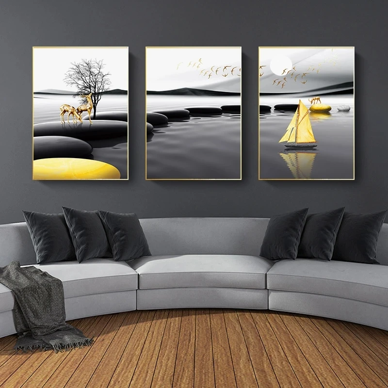 Modern Landscape Poster Black Yellow Stone Boat Deer Wall Art Canvas Painting Nordic Print Wall Pictures Living Room Decoration