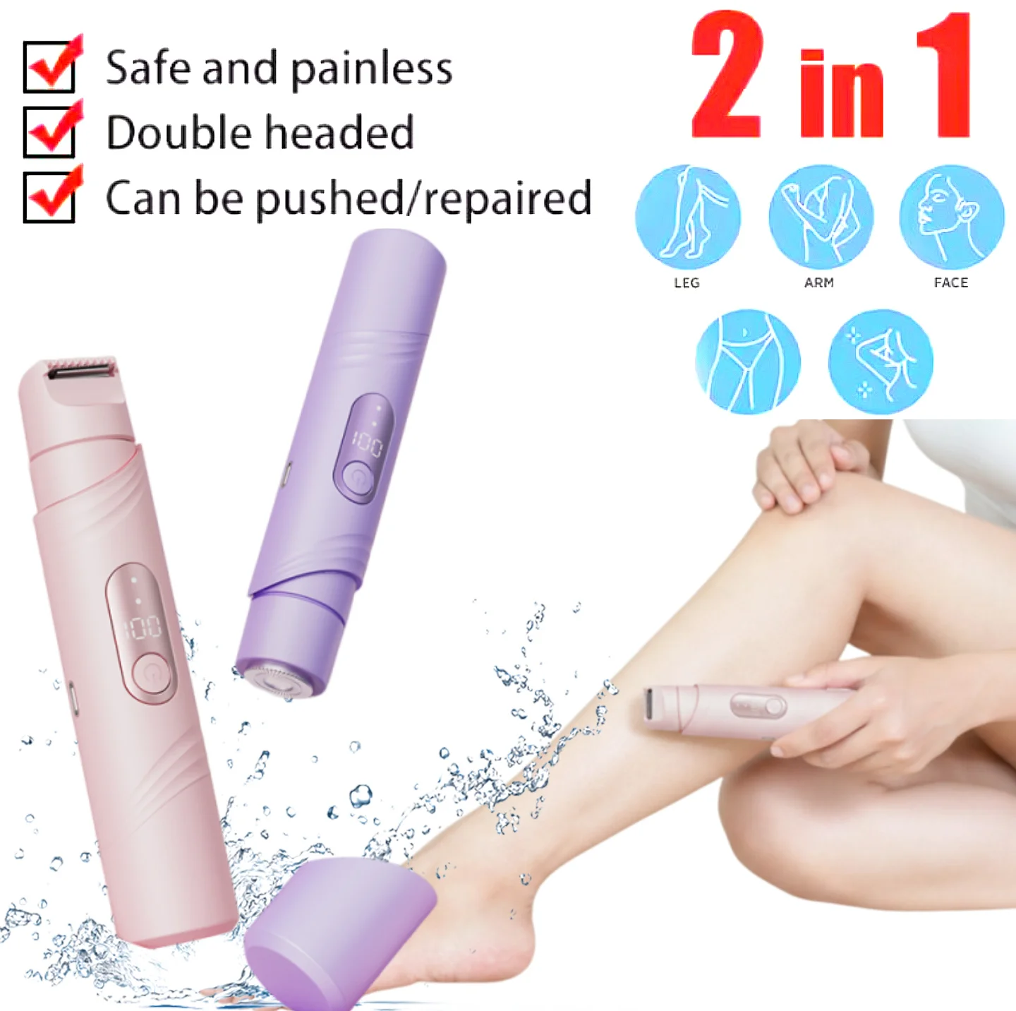 

2-in-1 Electric Razor for Women Double Head Waterproof Shaver Wet & Dry Bikini Hair Trimmer for Body Pubic Hair