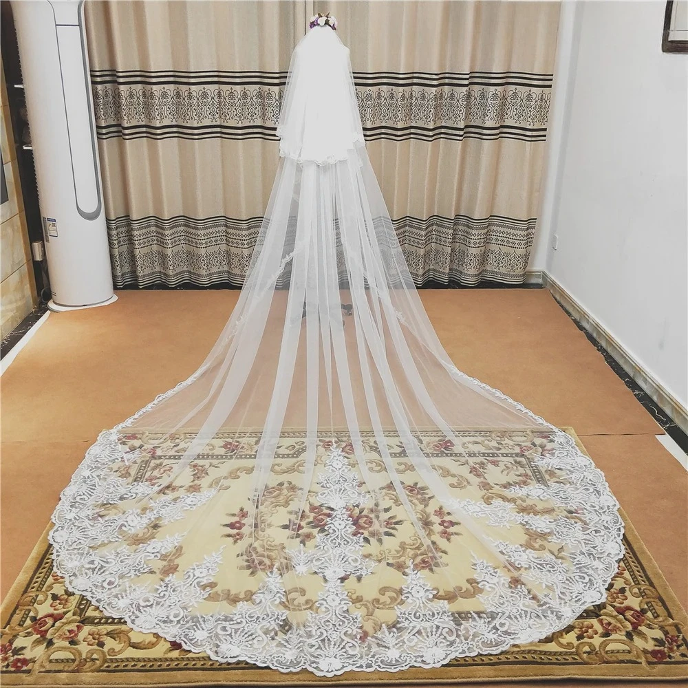 

3m Two Layer Wedding Veil With Comb White Lace Edge Bridal Veils Ivory Appliqued Cathedral Wedding Veil Bride Accessory