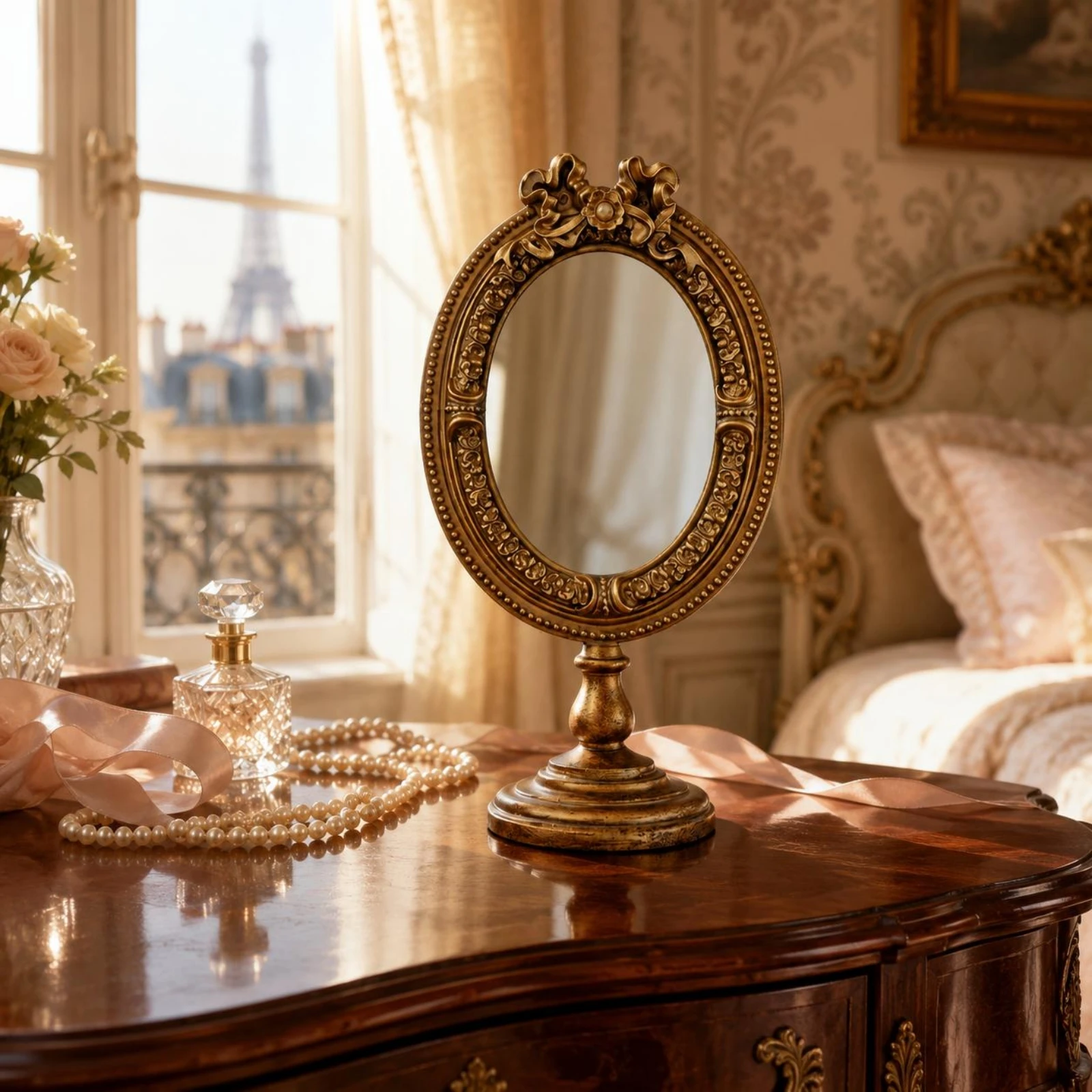 

Oval Tabletop Mirror Floral Detailing Ornate Gold Vanity Mirror Home Decor Decorative Room Decoration Compact Size