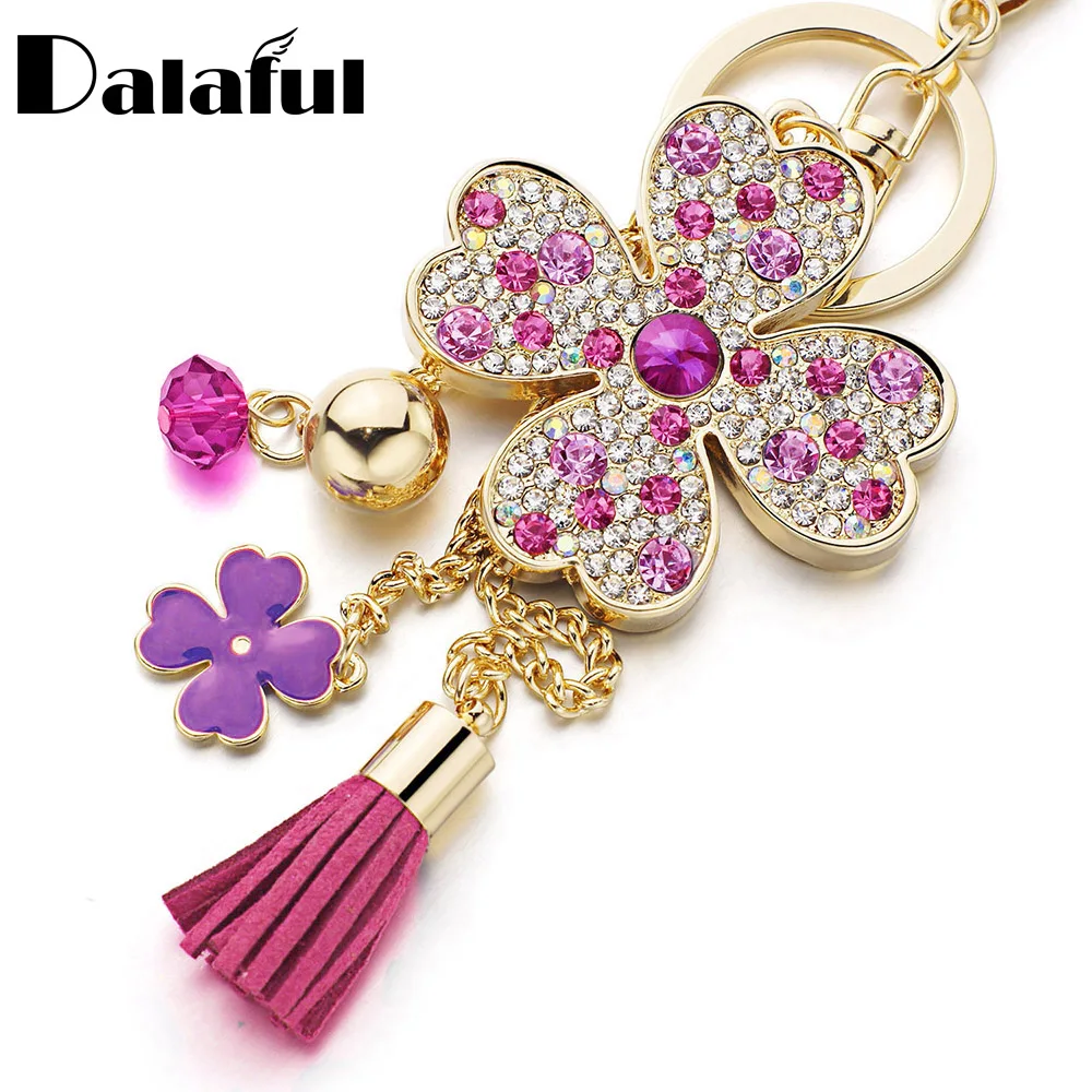 Dalaful Lucky Four Leaves Clover Crystal Key Ring Chains Holder Tassel Bag Buckle Pendant For Car Keyrings KeyChains K304