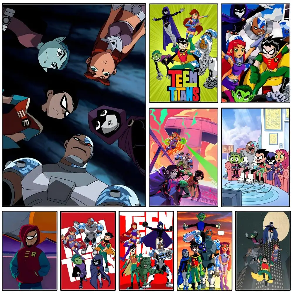 Affiche d'animation T-Teen Titans, autocollant artistique auto-adhésif en papier imperméable, décoration murale pour café, bar, chambre