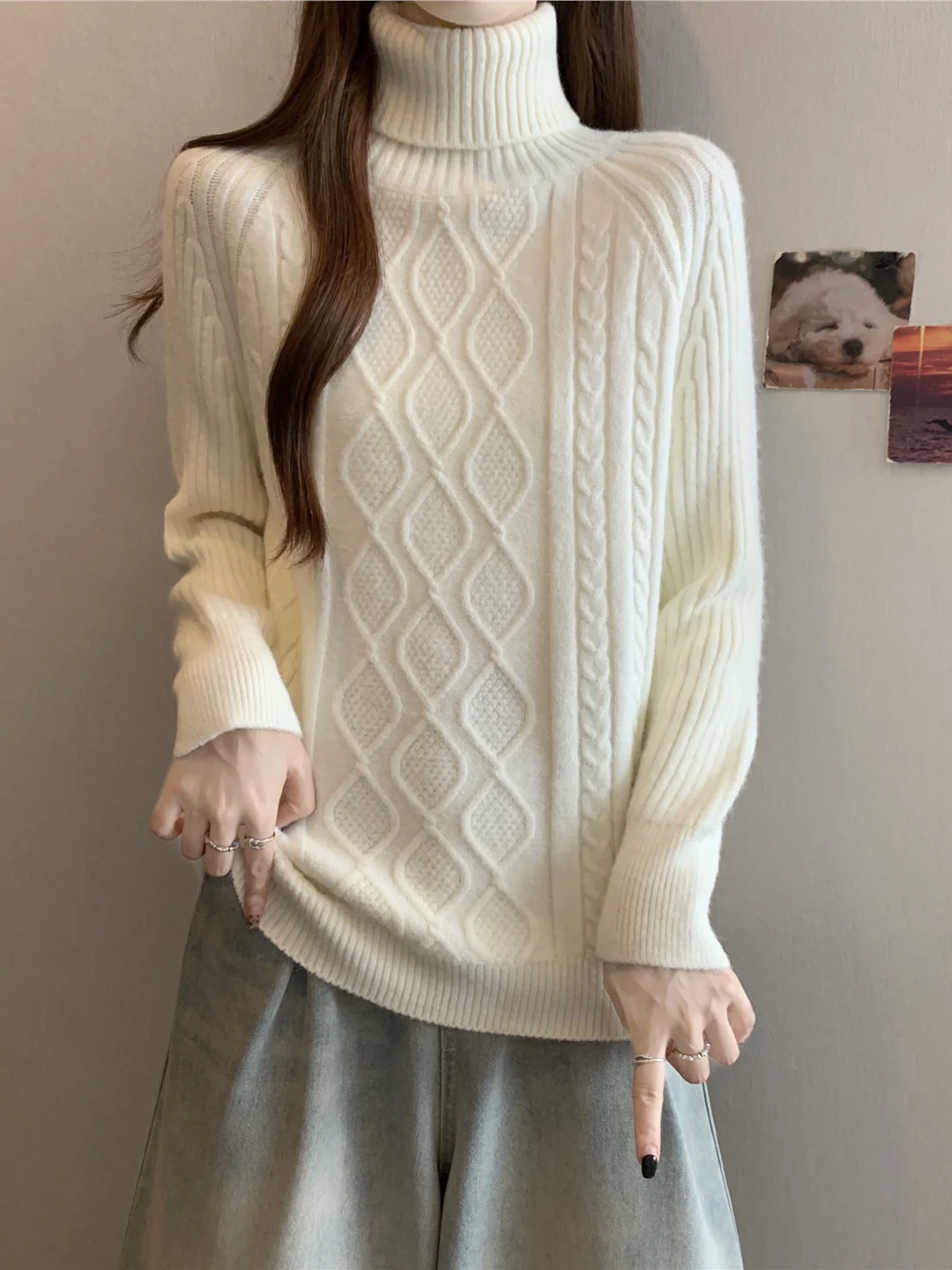 

Ladies Thiened Long Sve Knitted Sweater f High Collar Lazy Sle Soft Cozy Women's Top plus Size Base irt Autumn Wi...