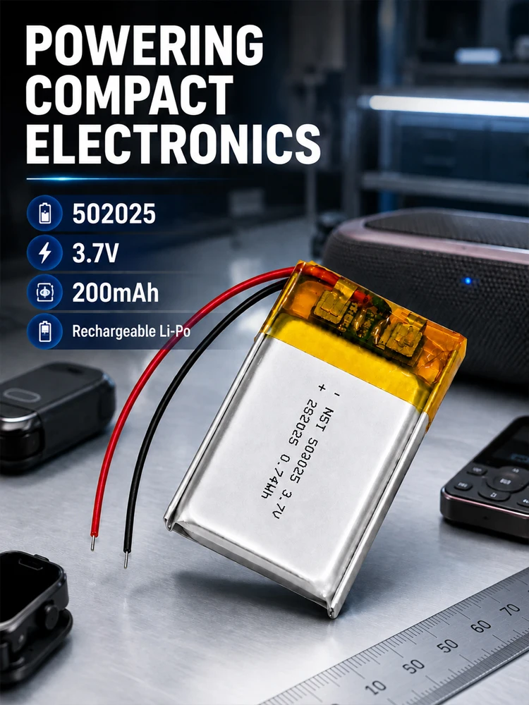 502025 Bateria LiPo 3.7V 200mAh, ładowalna bateria litowo-polimerowa, zamiennik do słuchawek Bluetooth i lokalizatora GPS — zdjęcie produktu 7