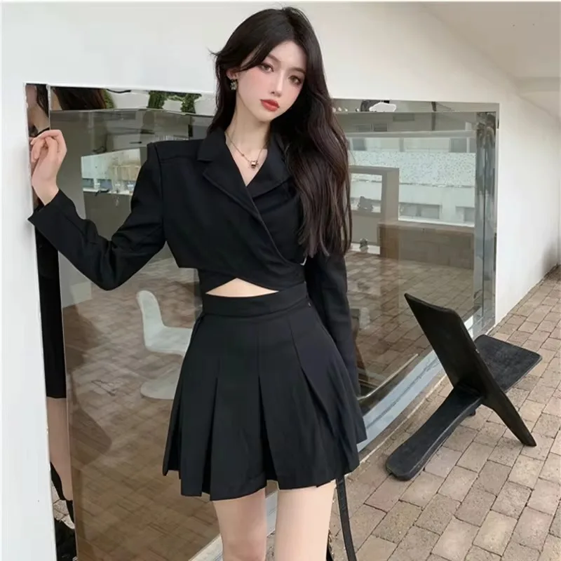 UNXX Skirt Suits Spring Autumn Retro Casual Cross Tie Blazer Pleated Skirt Set Black Short Suit + Mini Skirt Two-piece Set Women