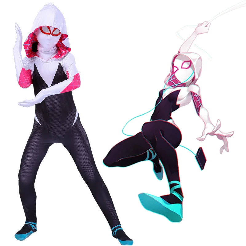 Spiderman Gwen Costume for Women Girls Superhero Spiderman Gwen Stacy Zentai Bodysuit Jumpsuit Halloween Carnival Costumes