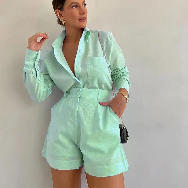 2026 New Women's Long Sleeve 2-Piece Set Casual Button Detail Shorts Outfit Shirt Top Summer Fashion Female Suit Y2k Clothing
