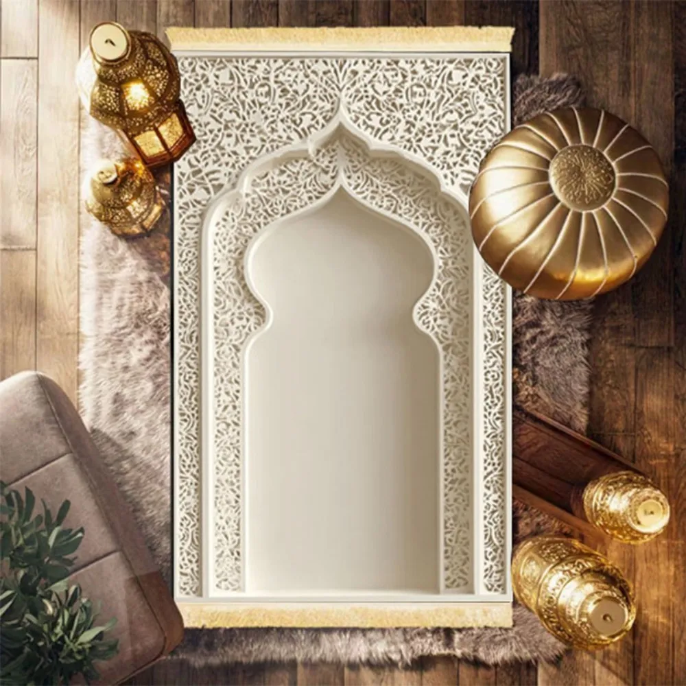 VIKAMA Islamic Prayer Rug With White Luxury Embossed Arch Design, Washable Foldable Travel Mat For Eid Salah Worship Carpet